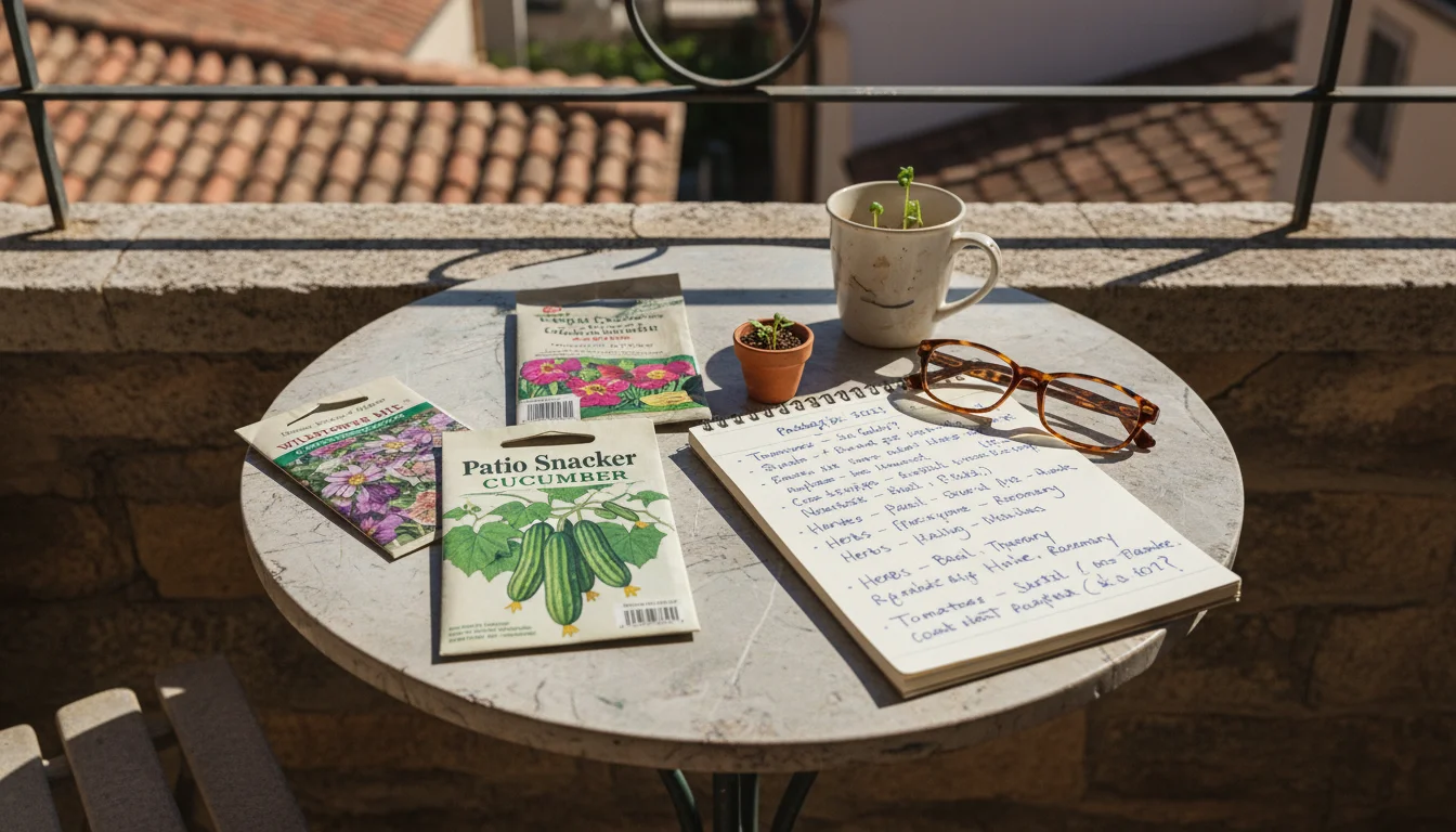 A high-angle view of seed packets, reading glasses, and a notebook on a bistro table, with a hand holding a pencil, on a sunny balcony.