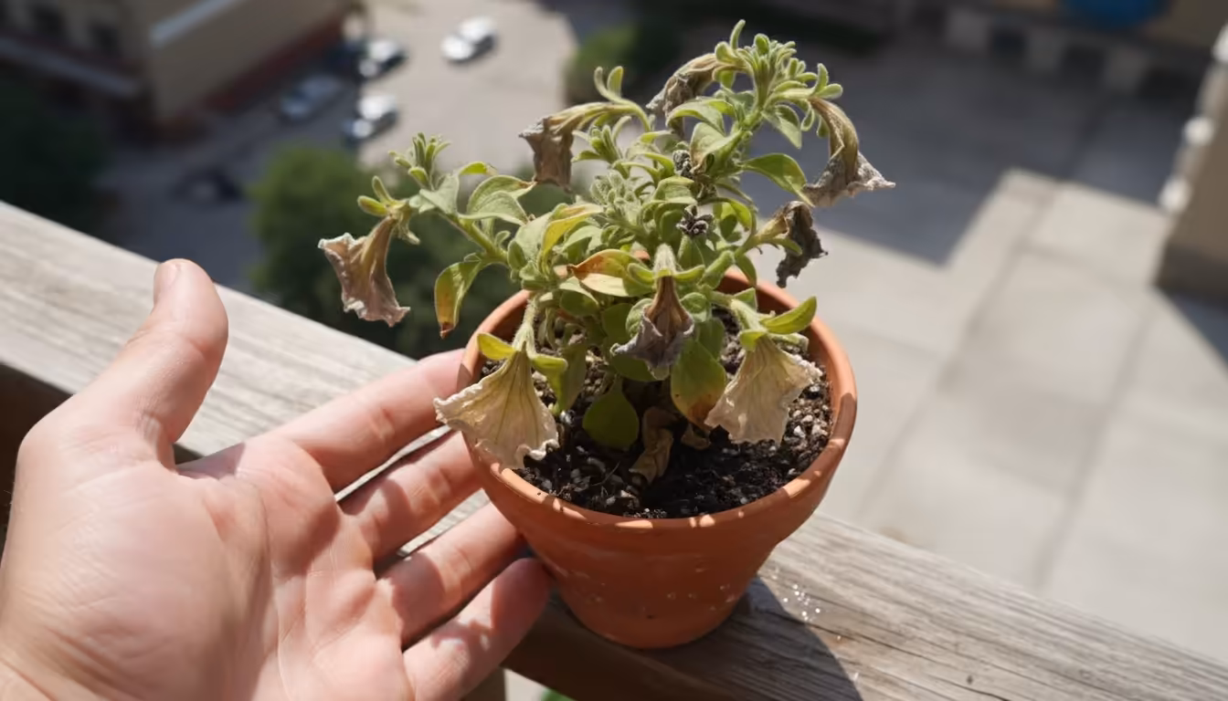 Close-up, high-angle shot of a severely wilting and yellowing potted plant, with a hand gently inspecting its distressed leaves on a sunny balcony.