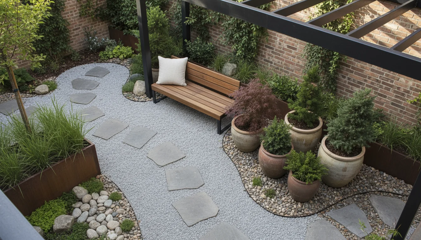 High-angle view of a small patio with raked gravel, slate pavers, a bench, and container plants defining distinct functional zones.