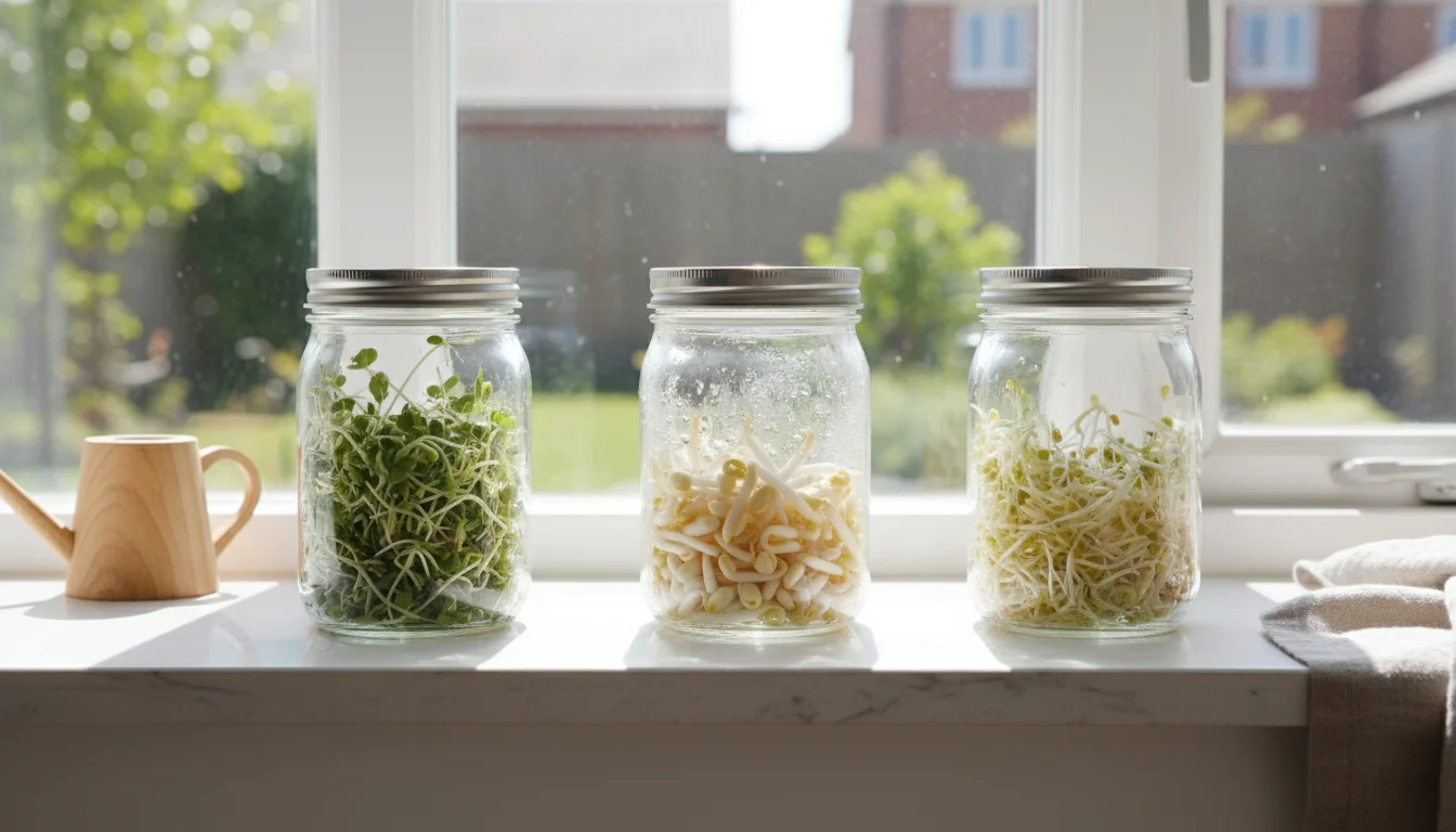 High-angle view of three glass jars with healthy, greening sprouts (lentils and mung beans) on a bright kitchen windowsill.