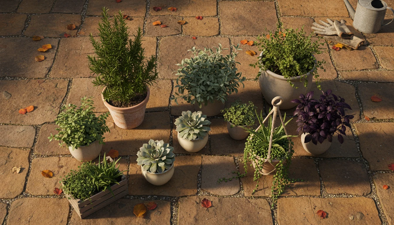 High-angle view of various potted herbs and succulents on a stone patio, showcasing diverse forms and textures for a fall centerpiece.