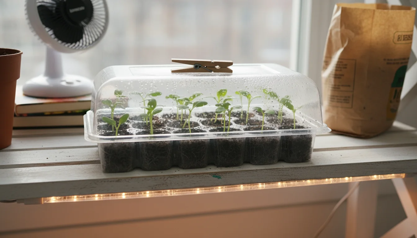 Slightly high-angle shot looking down at vibrant green seedlings under a propped-open clear plastic dome; a small fan blurred in background.