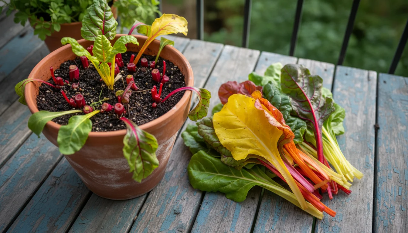 High-angle view of vibrant Swiss chard leaves stacked beside a terracotta pot on a balcony, with a hand making a final cut near the soil line.