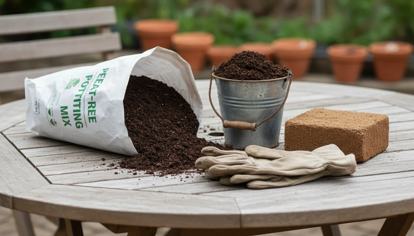 High-quality peat-free potting mix, compost, and a coir block laid out on a patio table with gardening gloves, ready for container gardening.