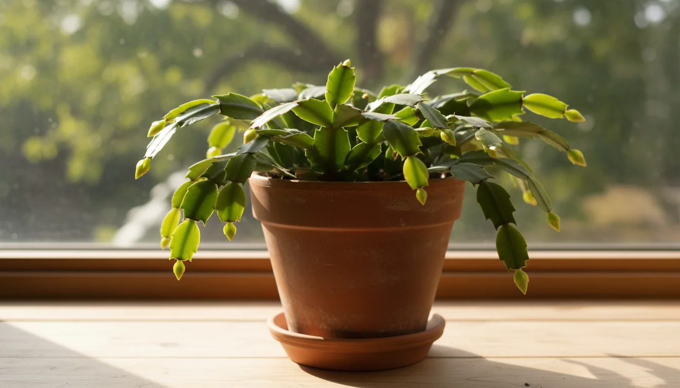 Close-up of a Holiday Cactus in a terracotta pot, showing bright green new stem segments and tiny flower buds forming.