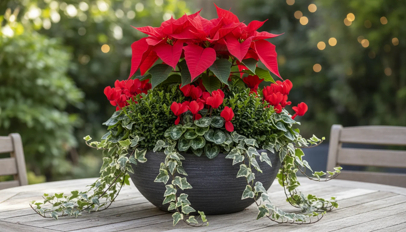 A holiday container garden on a patio table, featuring a red poinsettia, green boxwood, red cyclamen, and trailing ivy.