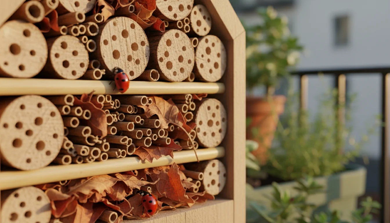 Close-up of hollow stems and dry leaves within a balcony bug hotel, with two red ladybugs seeking shelter.