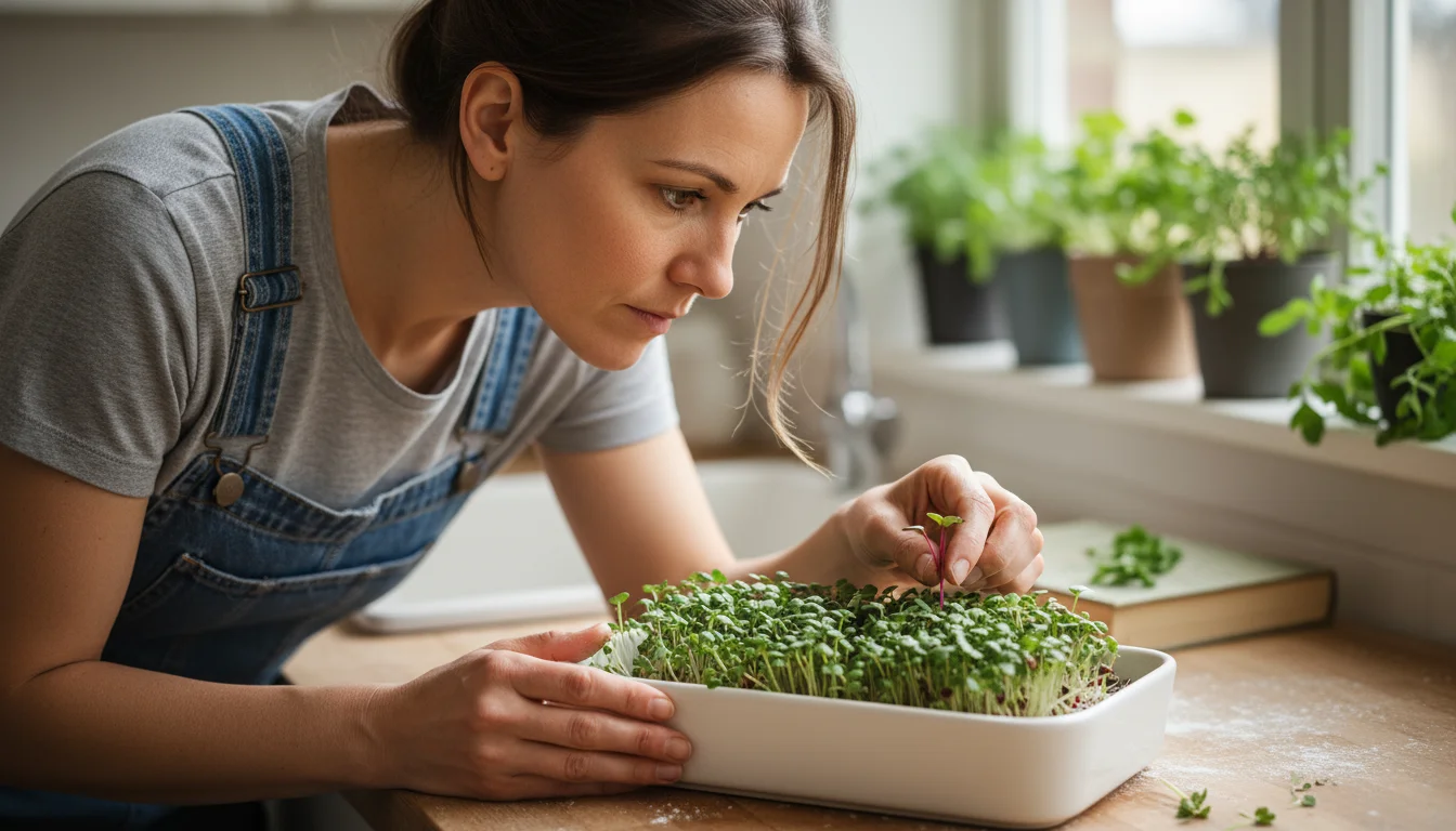Home gardener thoughtfully observes a small tray of mixed microgreens on her kitchen counter, perhaps noting a minor detail.