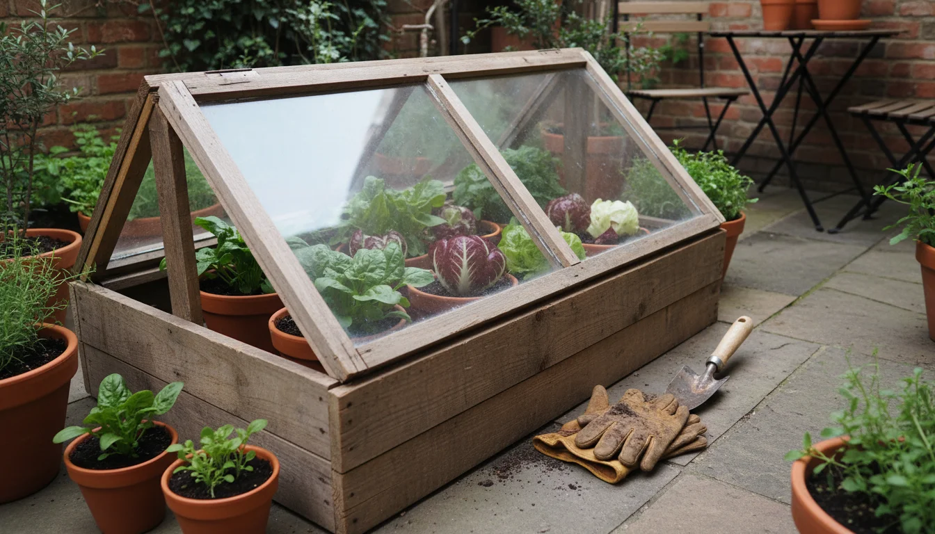 A homemade cold frame on an urban patio, protecting vibrant green spinach and red radicchio in terracotta pots under a clear lid.