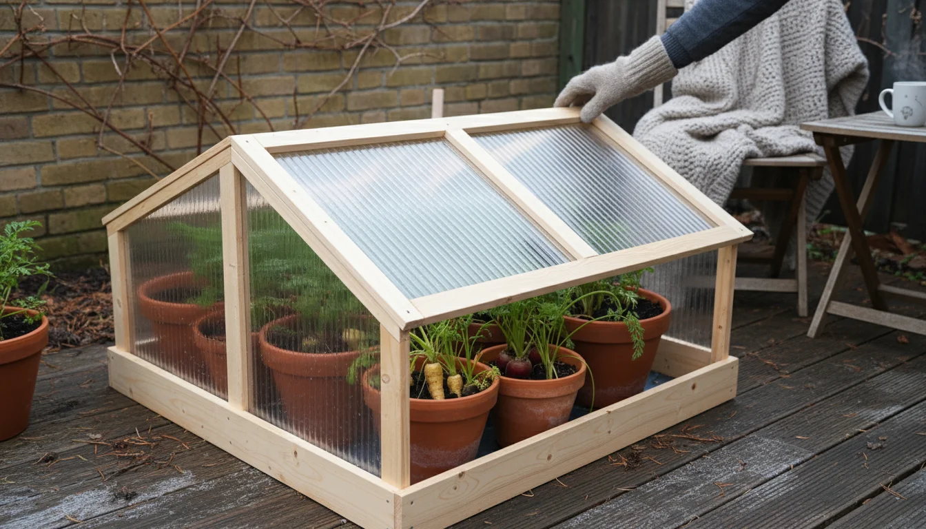 A homemade wooden cold frame covers terracotta pots with green plant tops on a patio, a gloved hand propping it open.