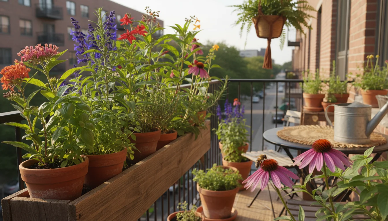 A honeybee collecting pollen from a vibrant purple coneflower in a container garden on a sunny urban balcony, surrounded by other native plants.