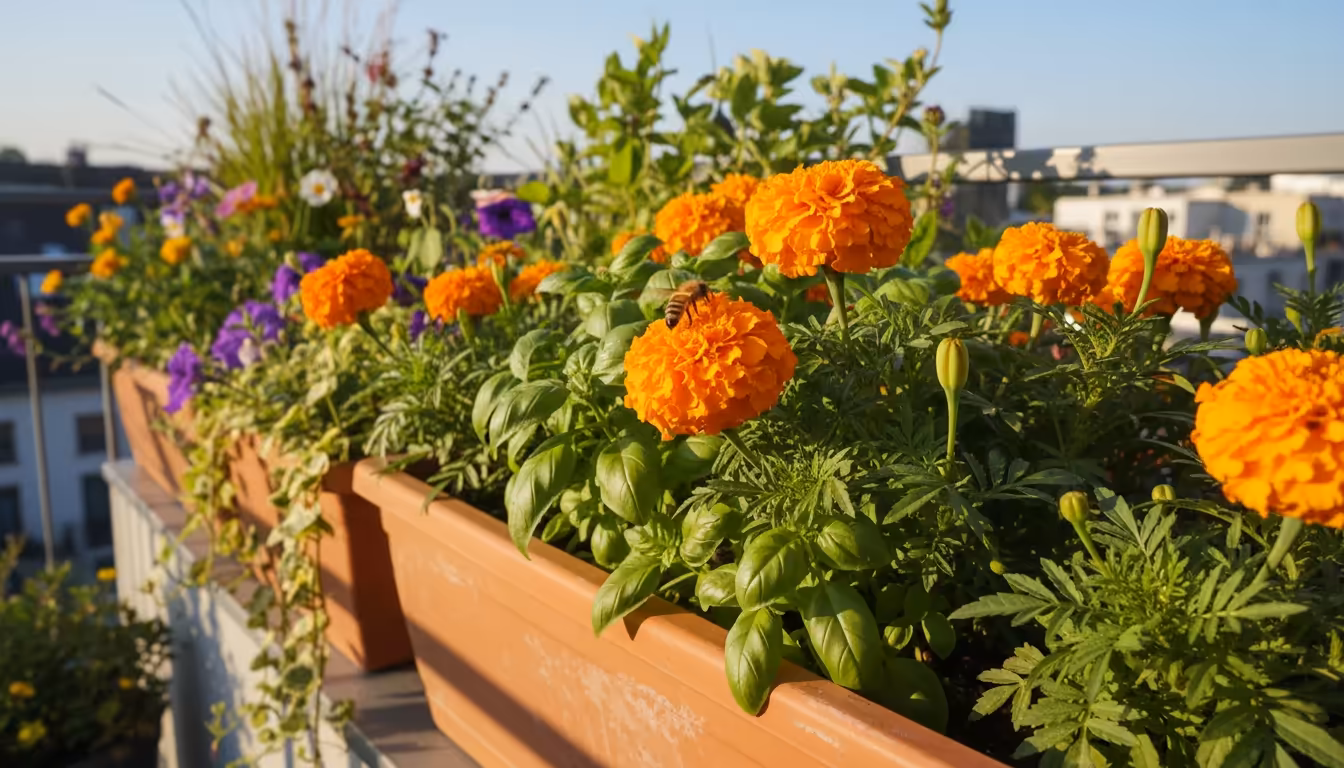 A honeybee pollinating a bright orange marigold in a terracotta pot on a sunny balcony, with green basil plants nearby.