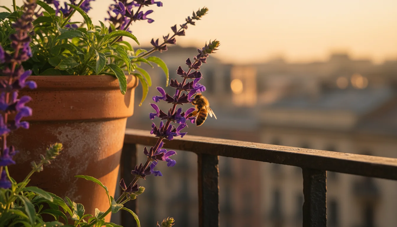 A close-up shot of a honeybee pollinating vibrant purple Salvia flowers in a terracotta pot on a sunlit urban balcony.