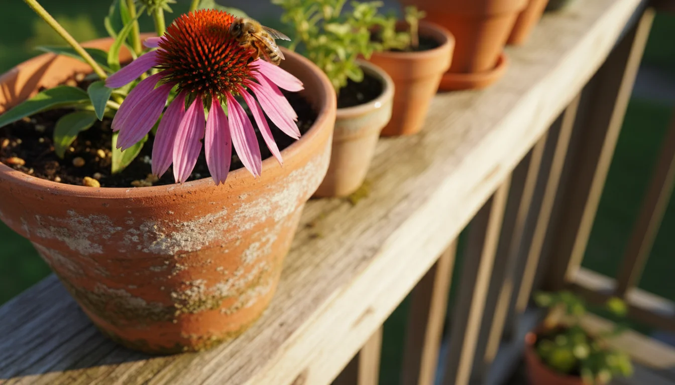 A honeybee on a purple coneflower in a terracotta pot on a sunny balcony railing.