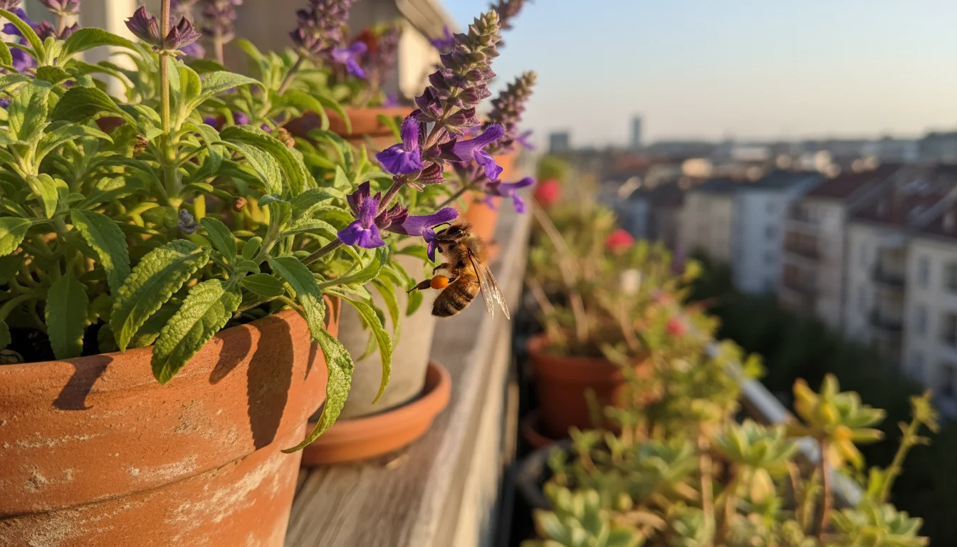 A honeybee with visible pollen sacs actively pollinates vibrant purple salvia flowers in a terracotta pot on a sunny urban balcony.