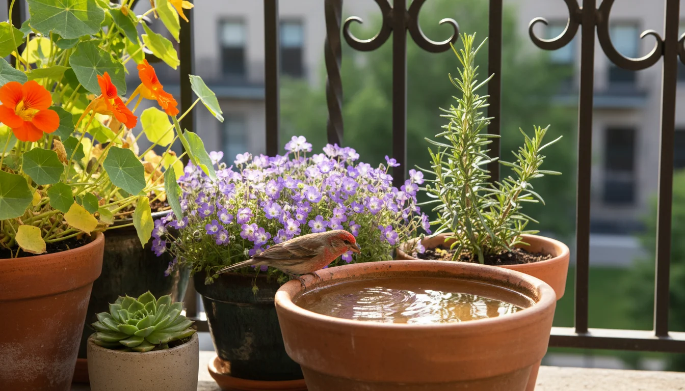 A House Finch drinks from a ceramic bird bath surrounded by potted Nasturtiums, coneflowers, and a fern on a sunny balcony.