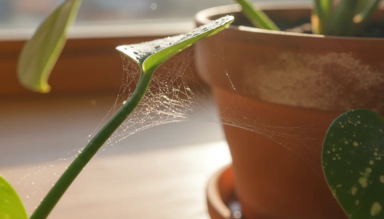 Extreme close-up of a houseplant leaf showing fine spider mite webbing and tiny white stippling marks.
