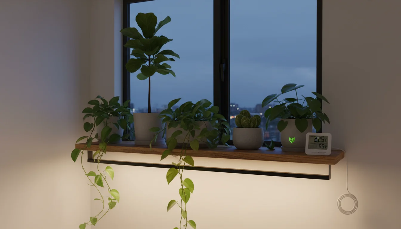 Elevated view of houseplants under a warm LED grow light on a wood shelf in an apartment, with a thermometer nearby.