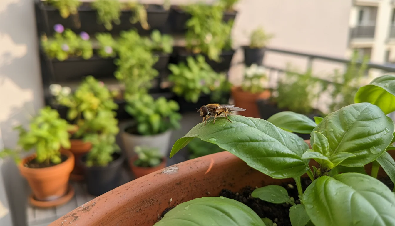 A hoverfly rests on a basil leaf in a terracotta pot on an urban balcony, with blurred container plants behind.