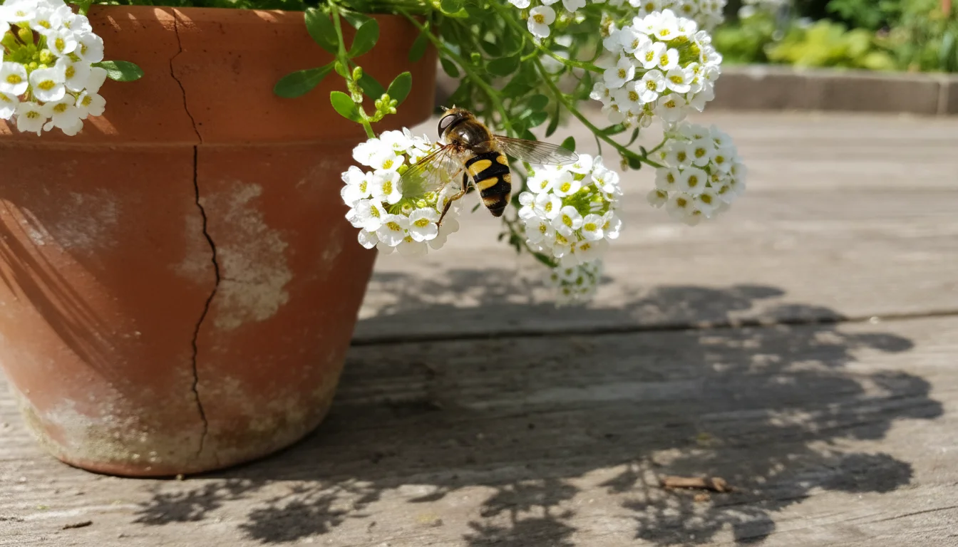 A hoverfly with yellow and black stripes perched on a cluster of white sweet alyssum flowers spilling from a terracotta pot on a wooden patio.