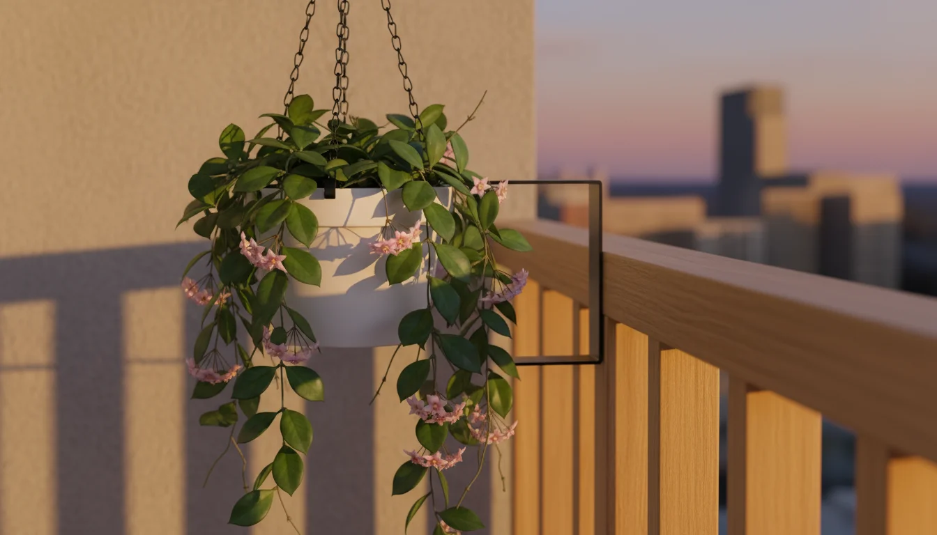 Hoya carnosa plant with waxy leaves and pink-tinged flowers trailing from a white hanging pot on a modern wooden balcony.