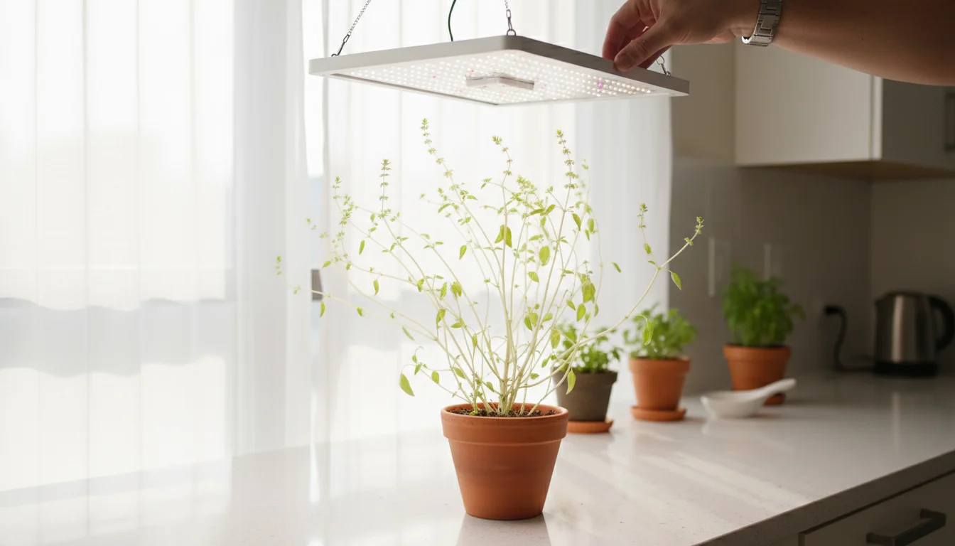 Human hand adjusting an LED grow light closer to a leggy basil plant in a terracotta pot on a kitchen counter.
