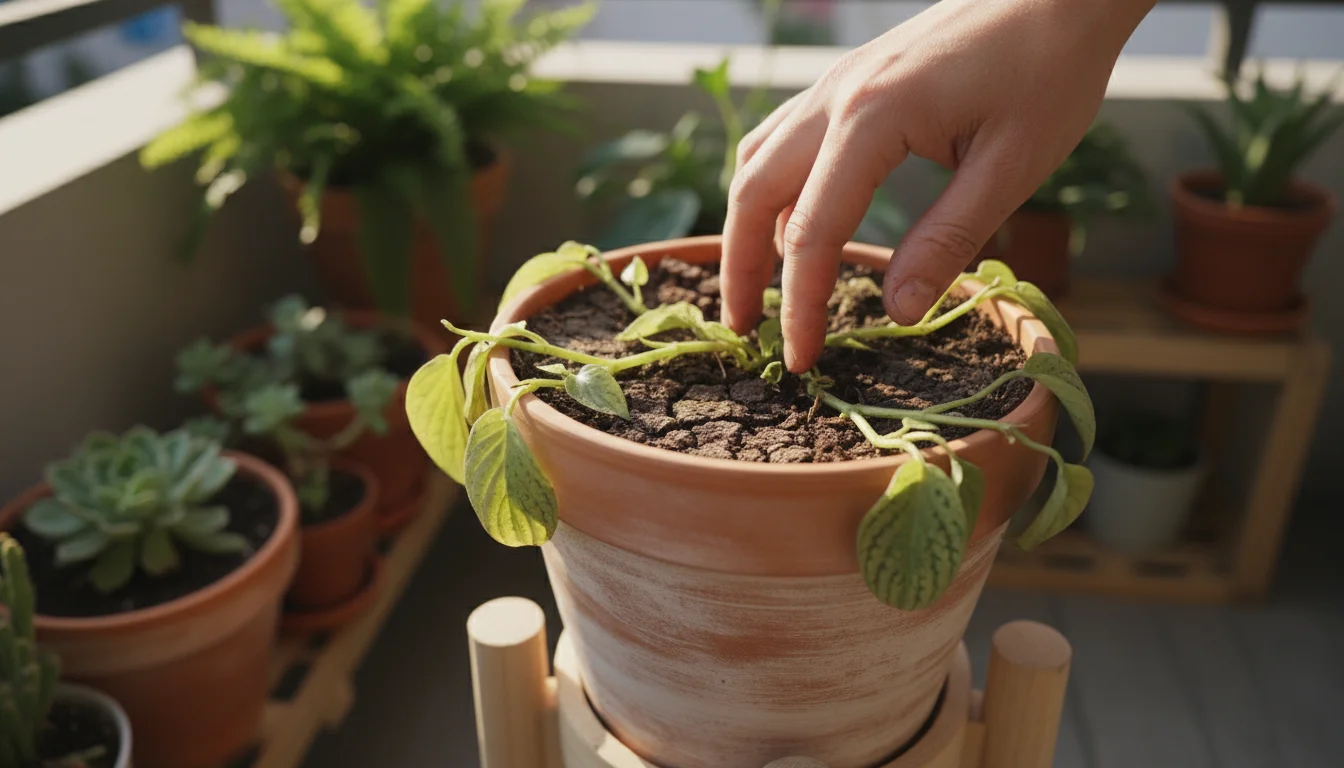 A human hand gently checks the dry soil of a wilting leafy plant in a terracotta pot on a wooden stand on a balcony.