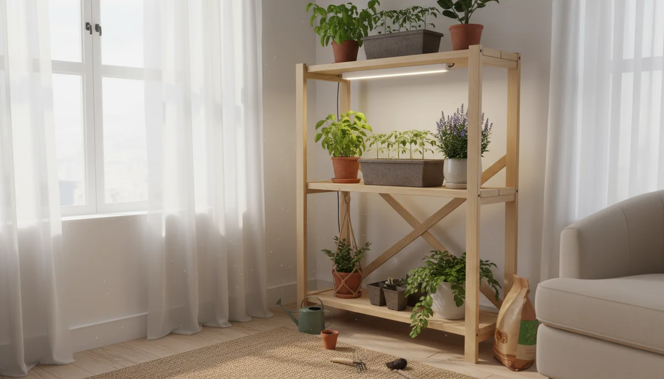 A human hand mists a vibrant basil plant under a warm white full-spectrum grow light on a wooden shelf, surrounded by other small container plants.