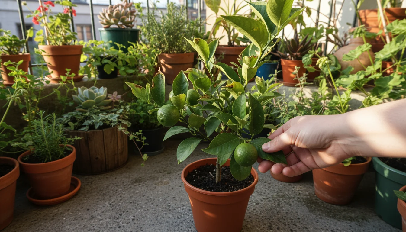 Human hand moves a dwarf Meyer lemon with subtly scorched leaves into shade on a balcony, surrounded by other potted plants.