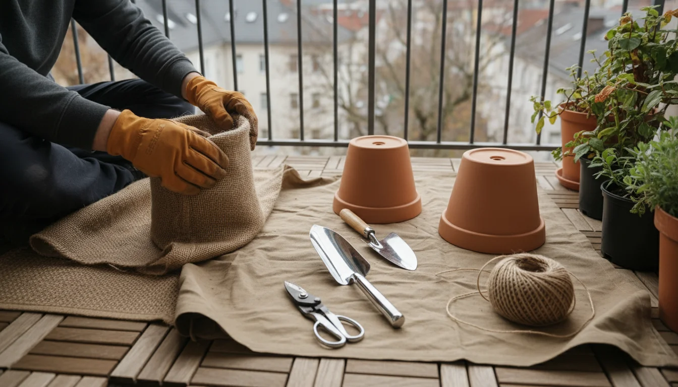 An individual wraps an empty terracotta pot in burlap on an apartment balcony, surrounded by other clean pots and garden tools, preparing for winter.