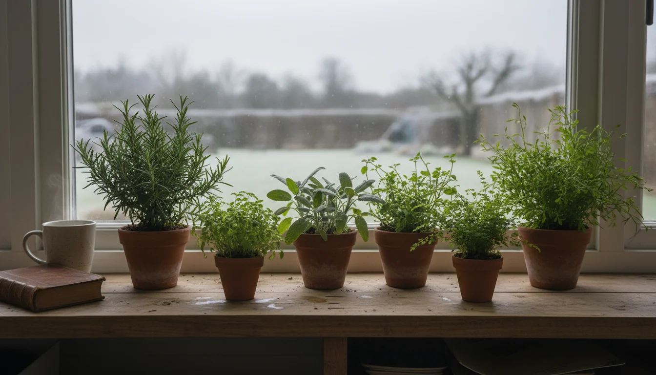 An indoor arrangement of container plants on a wooden shelf, under soft winter light, showing plants like rosemary and sage resting in terracotta pots