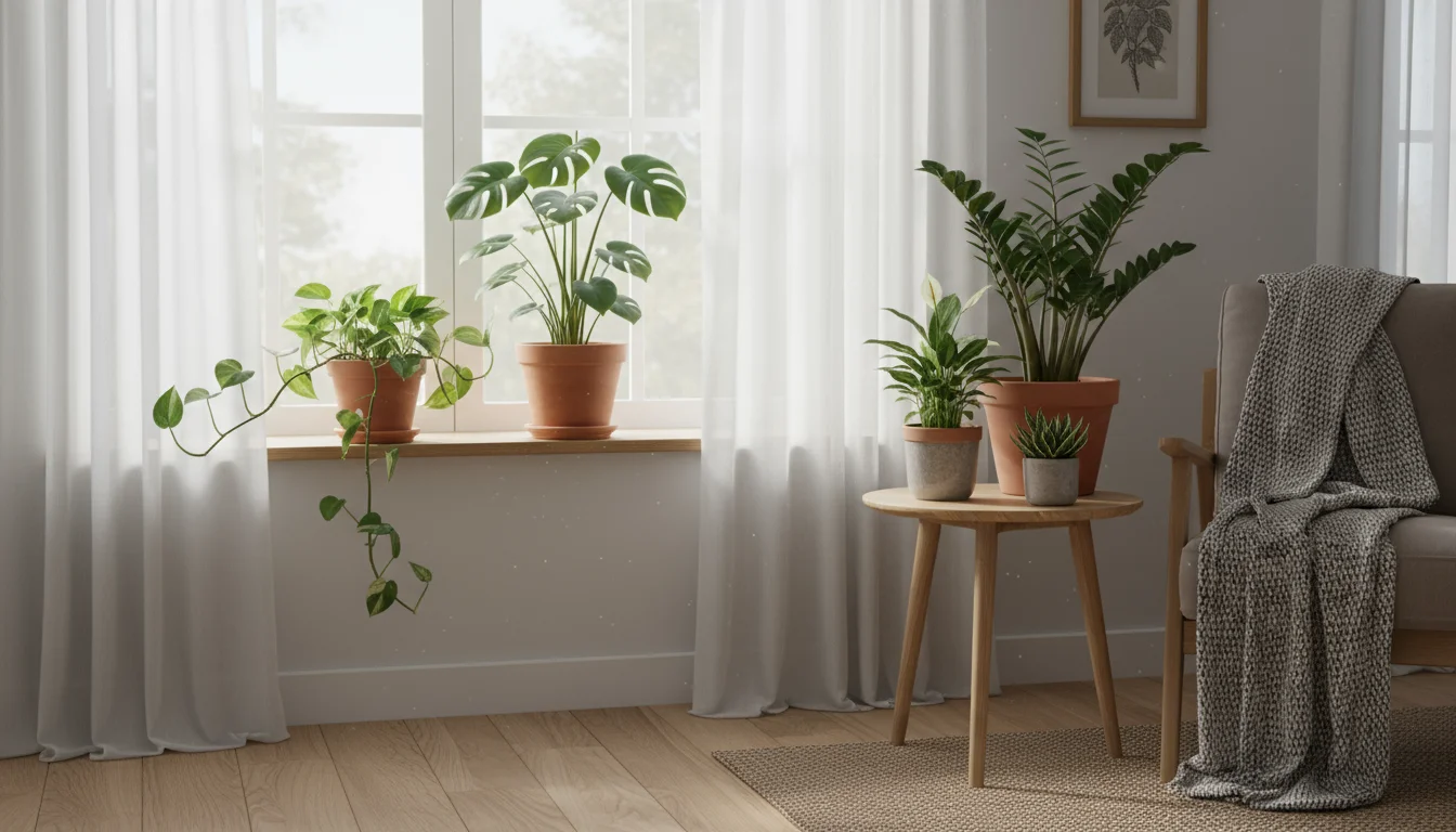 Indoor container plants like Monstera, Pothos, and ZZ plant on a window ledge and table, bathed in soft winter sunlight. An unused watering can and a