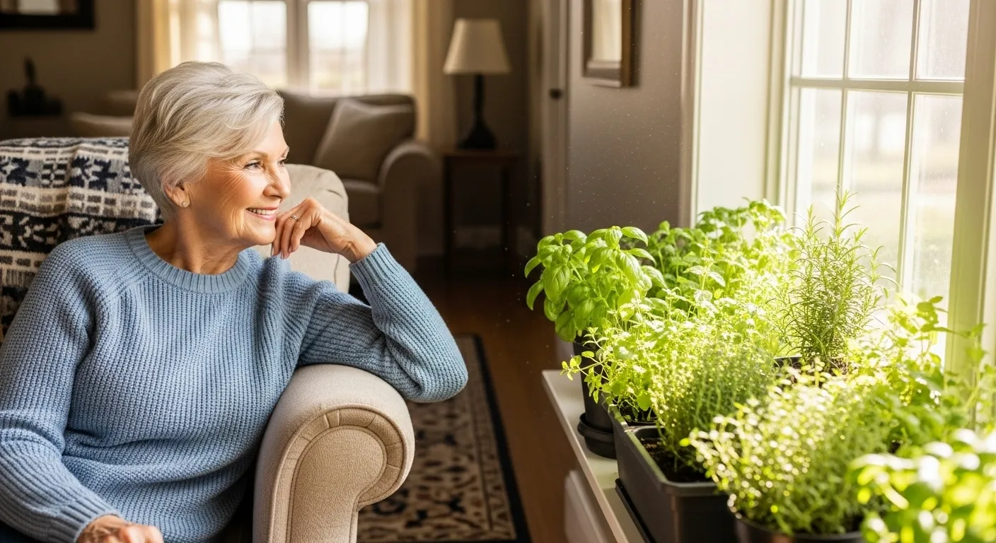 A happy senior woman sits in her living room, smiling at an indoor herb garden on a bright windowsill, lit by natural daylight.