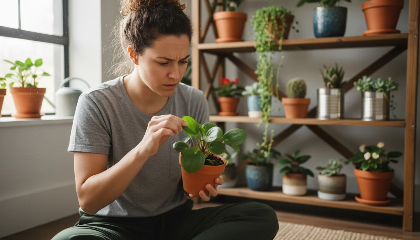 An indoor gardener carefully examines the underside of a small potted peperomia leaf, inspecting for pests.