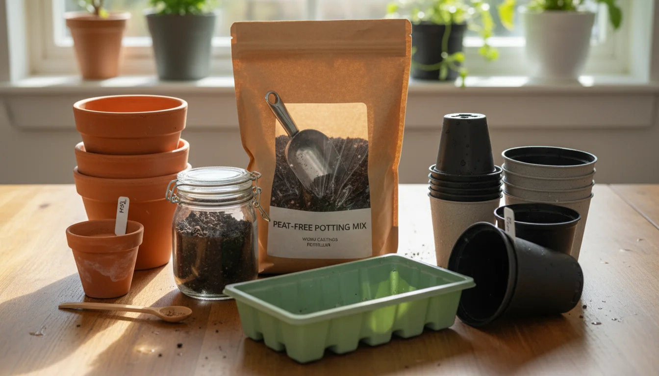 Indoor gardening essentials: peat-free potting mix, worm castings, terracotta & plastic pots, shallow tray on wooden surface.