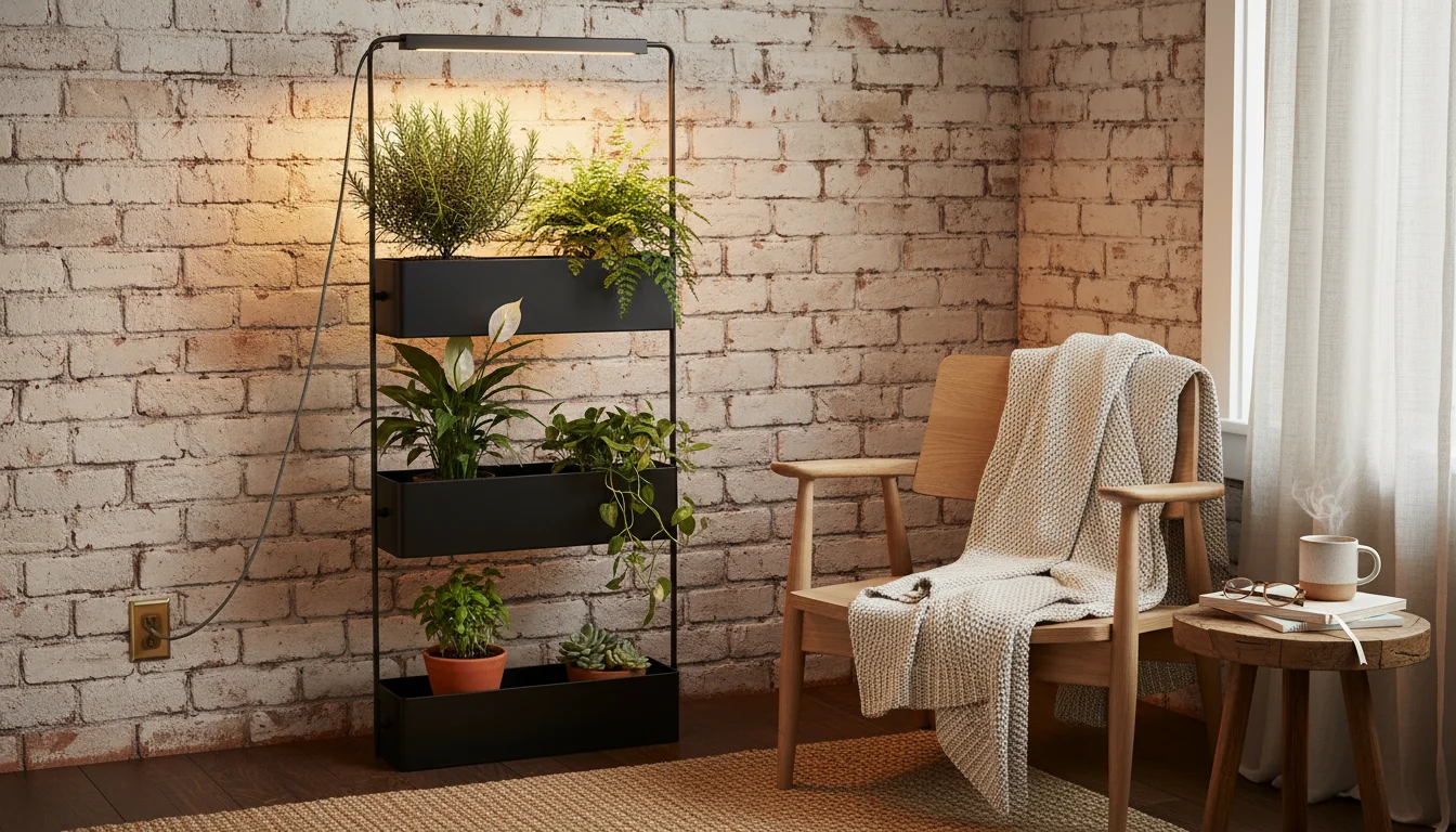 An authentic indoor gardening setup in a small apartment corner, featuring container plants, an LED grow light with a timer, and hands watering with a