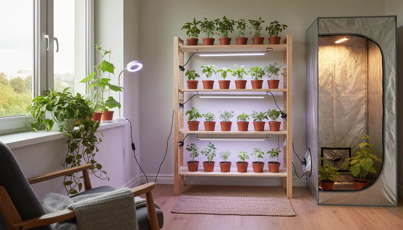 Indoor growing setup featuring a shelf with bar LED light, windowsill with clip-on LED, and a subtly glowing grow tent in an apartment corner.