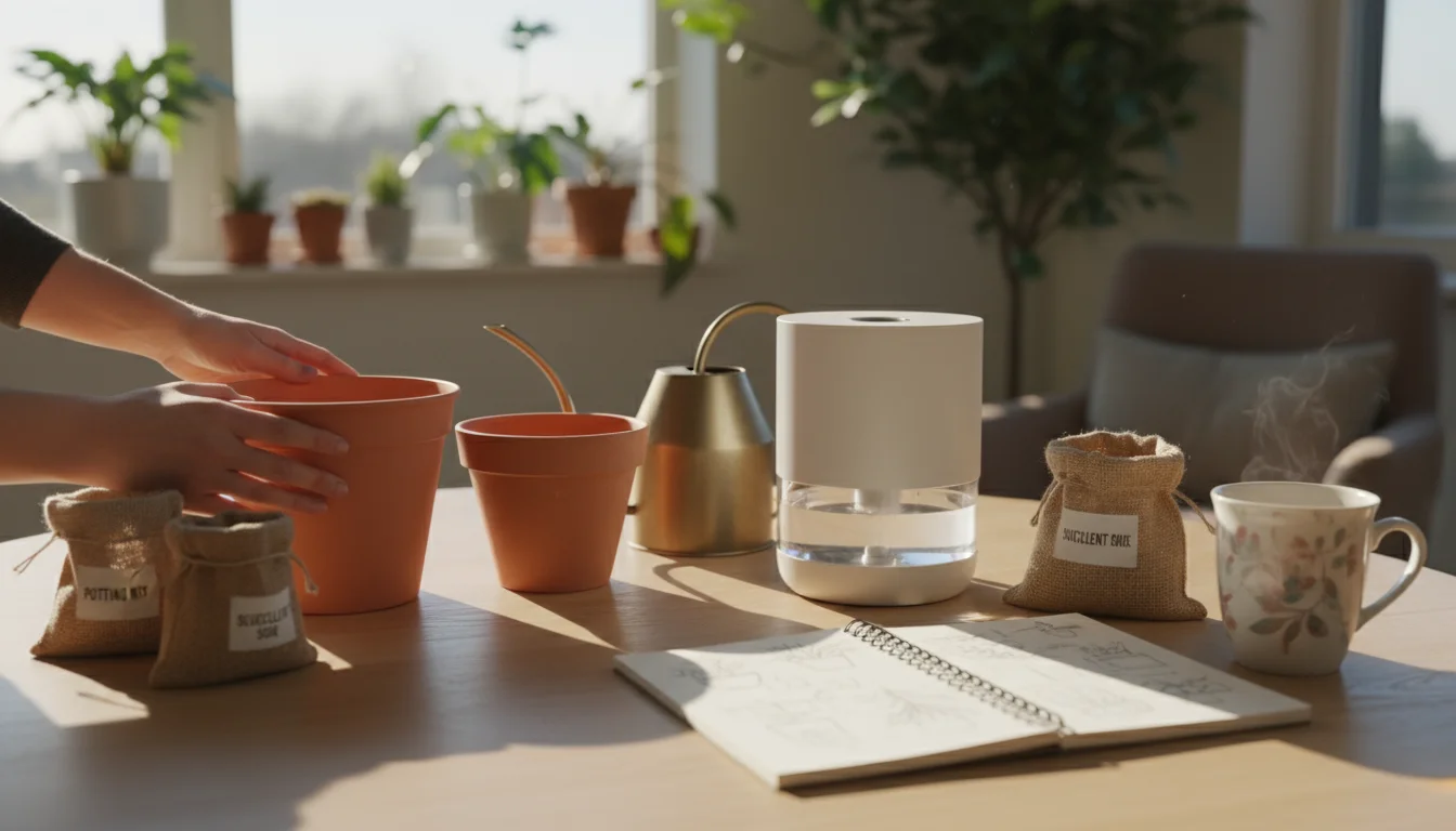 Indoor scene showing hands selecting empty garden pots, bags of potting soil, and a watering can on a wooden table, bathed in soft window light.