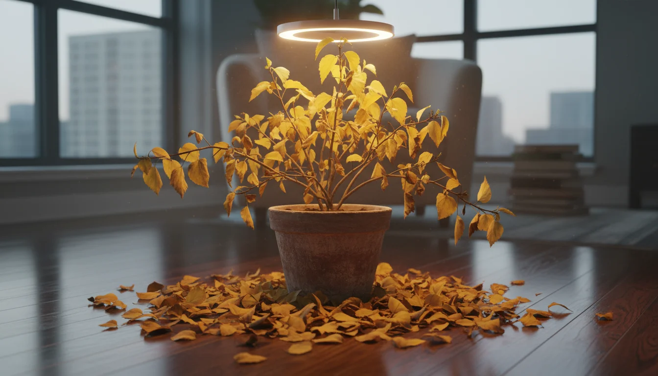 An indoor hibiscus plant in a terracotta pot with many yellow leaves on its branches and scattered on the wooden floor below.