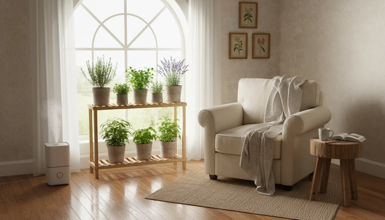 Indoor mini garden with potted herbs on a plant stand by a bright window. A subtle grow light provides extra light as a person rotates a basil pot.