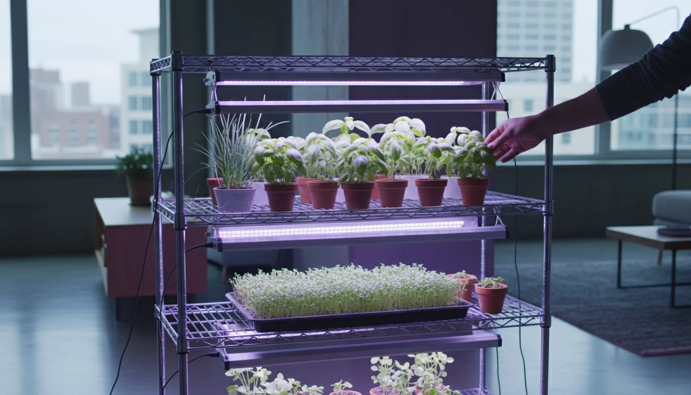 Indoor multi-tiered shelf with various herbs and greens thriving under bright fluorescent strip grow lights.