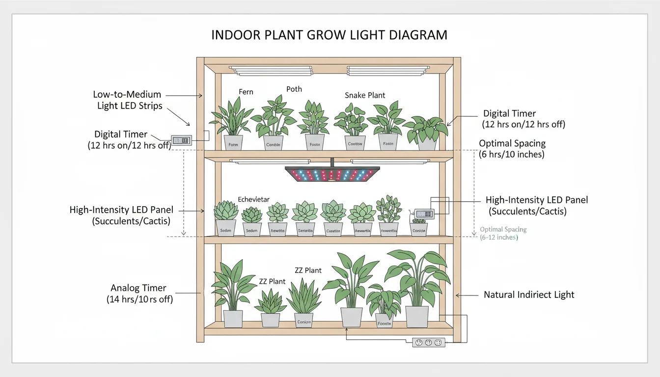 Indoor plant shelf diagram: LED strip lights for low-light plants; LED panel for succulents. Includes timers and proper plant spacing.