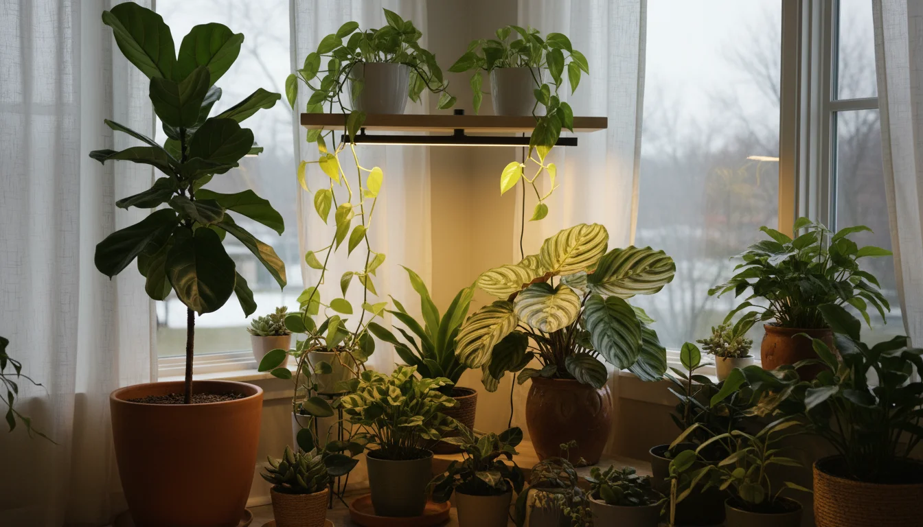 An indoor plant shelf by a window on a cloudy day, featuring a Ficus, Pothos, and Calathea under a subtle LED grow light, grouped for humidity.