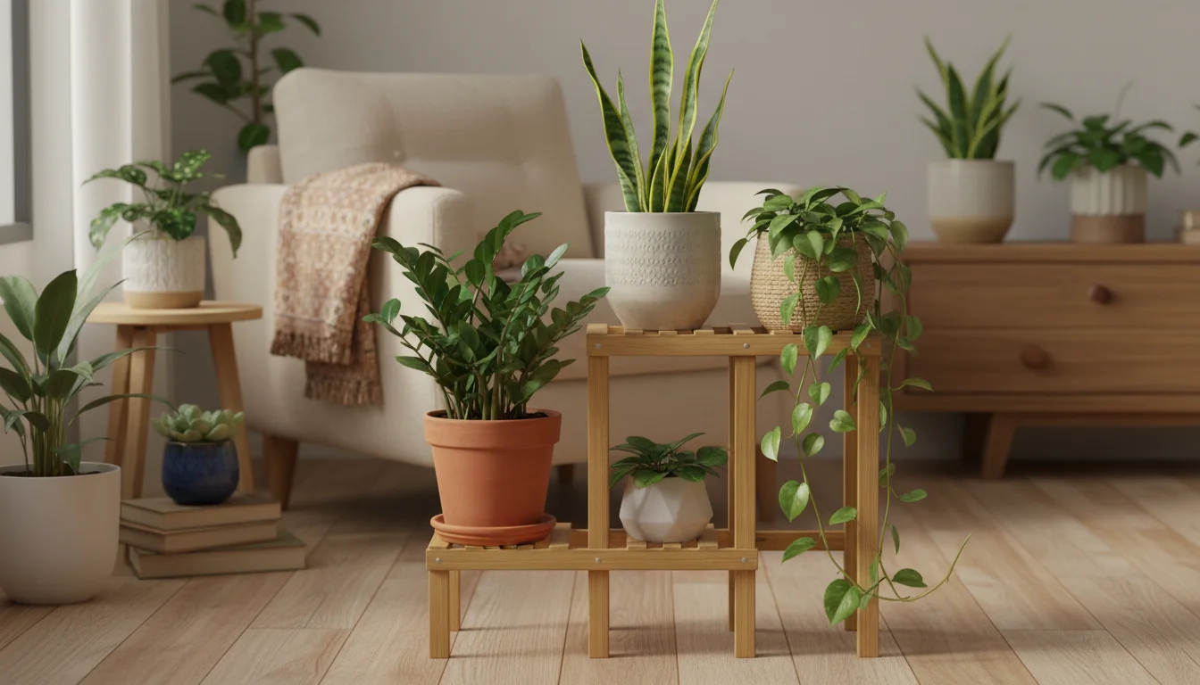 Indoor plant stand with snake plant, ZZ plant, and pothos in various pots. An open notebook and plant care book are among the plants.