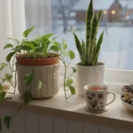 Indoor plants on a windowsill: a Pothos in a cream knitted pot, a Snake Plant, and succulents. Soft winter light and a tea mug nearby.