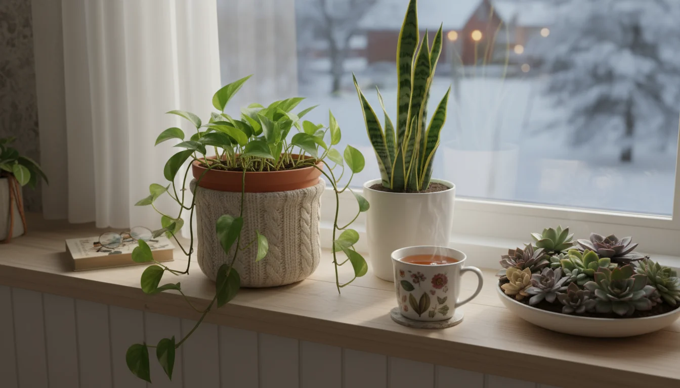 Indoor plants on a windowsill: a Pothos in a cream knitted pot, a Snake Plant, and succulents. Soft winter light and a tea mug nearby.