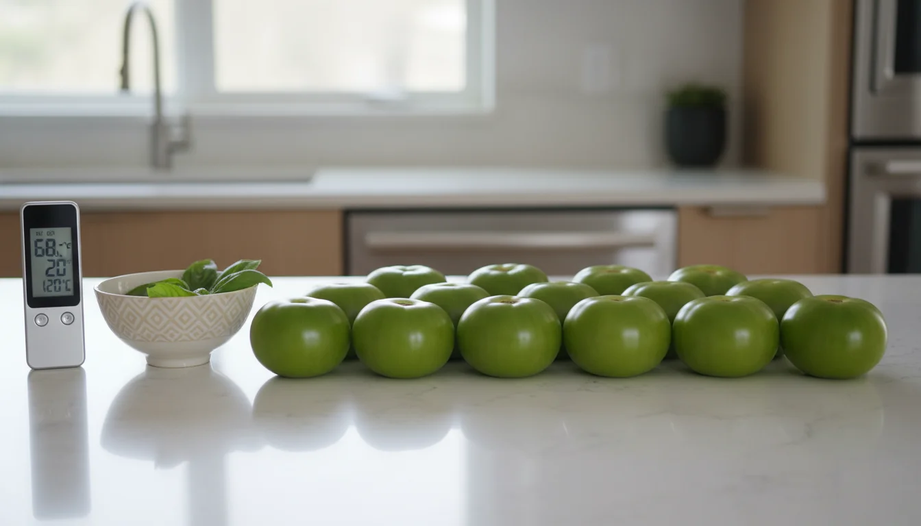 An indoor ripening setup featuring green tomatoes, a digital thermometer reading 68°F, and a small water bowl on a clean kitchen counter.