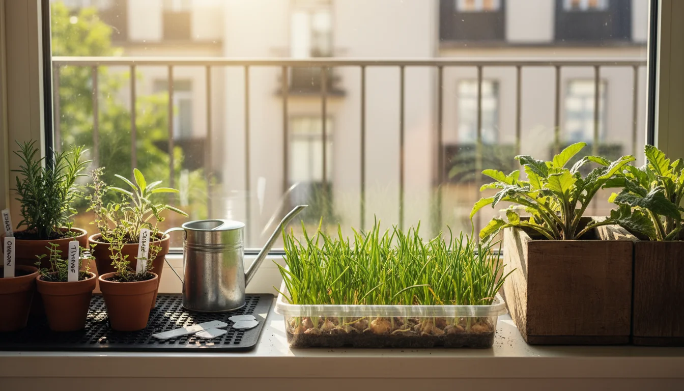 Indoor seed-starting station by a bright window with trays of onion, leek, rosemary, thyme, sage, and artichoke seedlings.