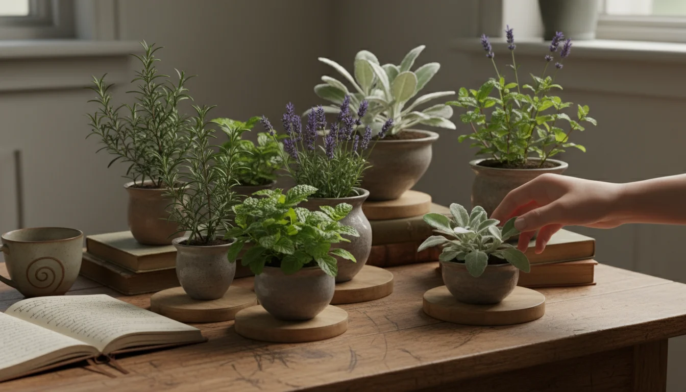 An indoor sensory garden on a wooden desk, featuring various potted herbs and soft-textured plants arranged at different heights, with a hand gently t