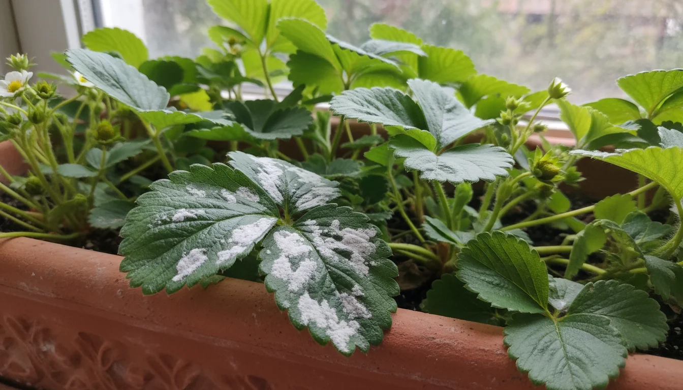 Overhead view of an indoor window box with densely packed strawberry plants. A prominent leaf shows fuzzy white powdery mildew.